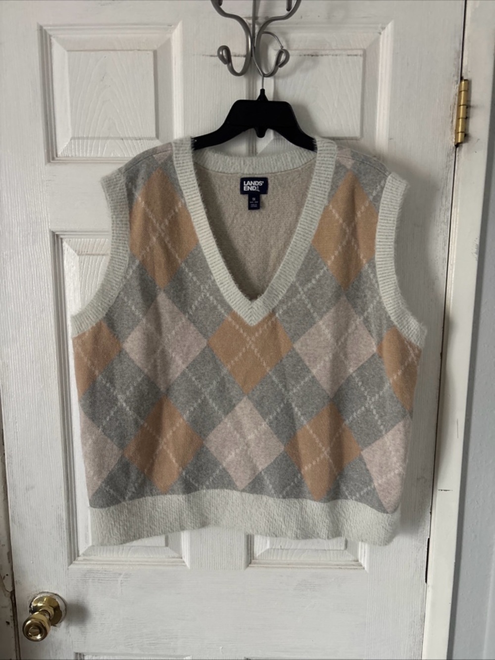 Lands' End Cream, Gray & Tan Argyle V-Neck Sweater Vest